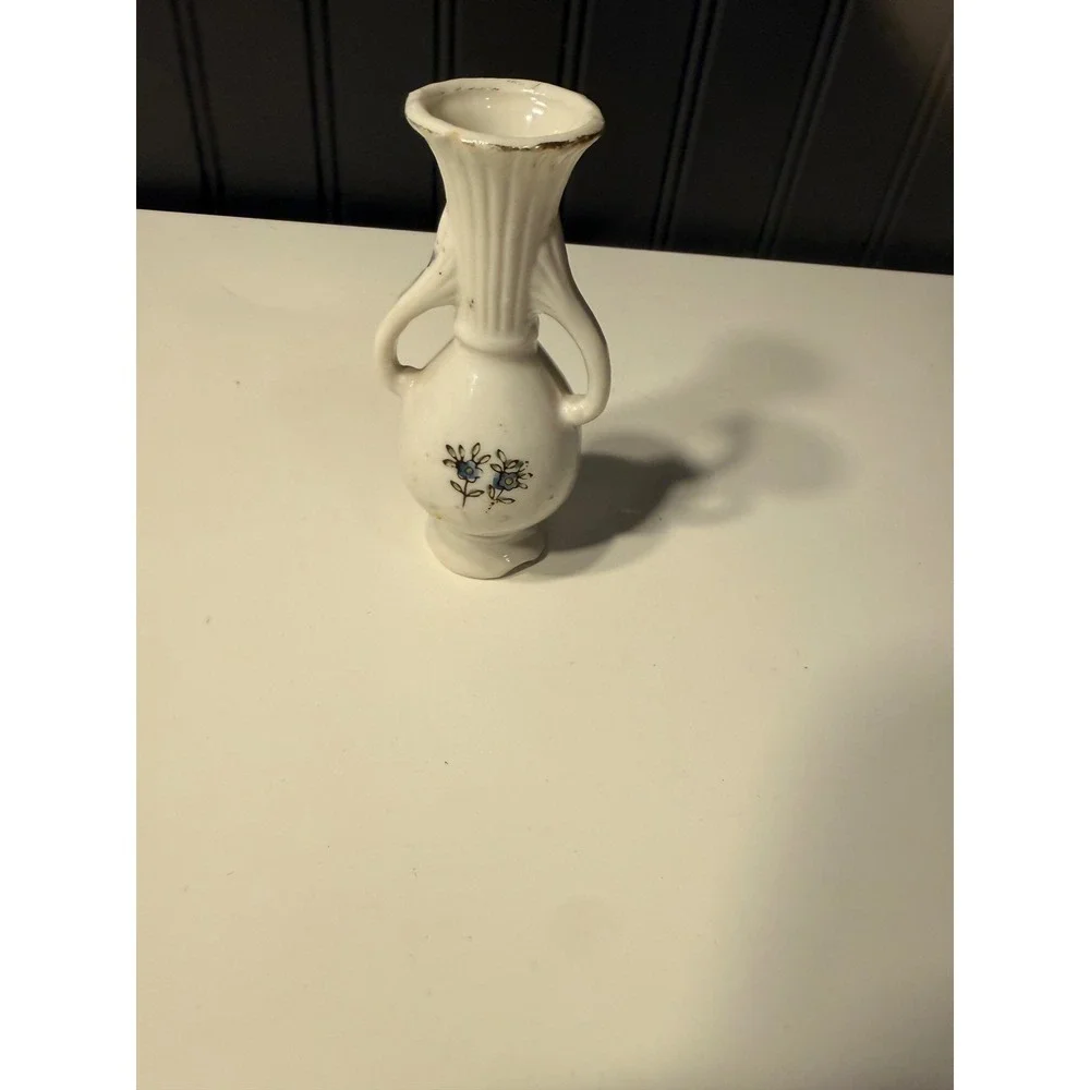 Vintage Miniature Porcelain Bud Vase Double Handle Floral Gold Trim Japan 4 Inch